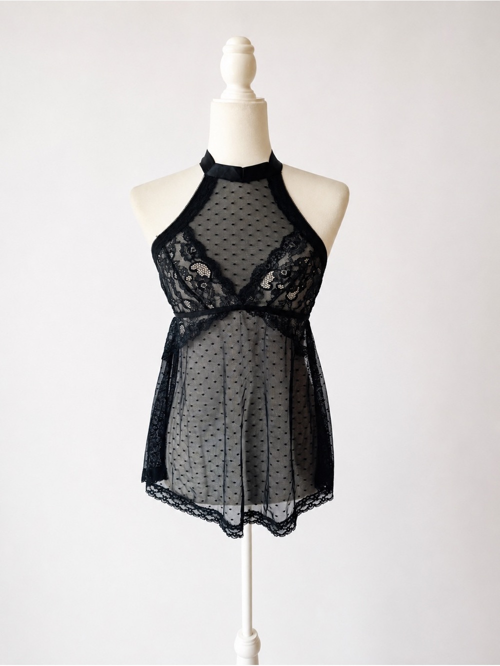 Hunkemöller Black Lace & Mesh Babydoll Top – Open Back | Size M
